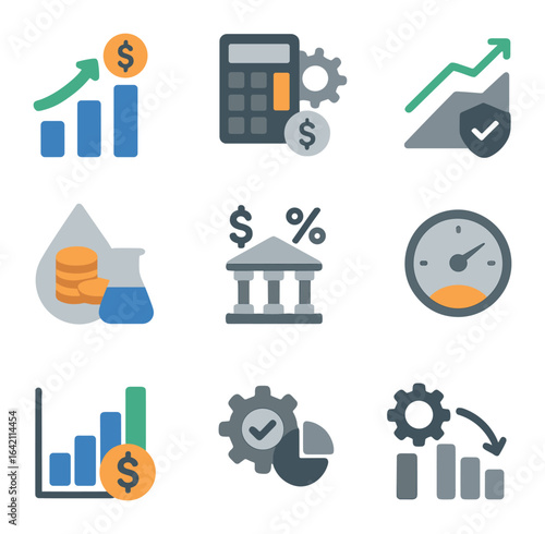 Business Health Icon Set. Flat icon set of business health indicators: revenue growth, cost control, margin