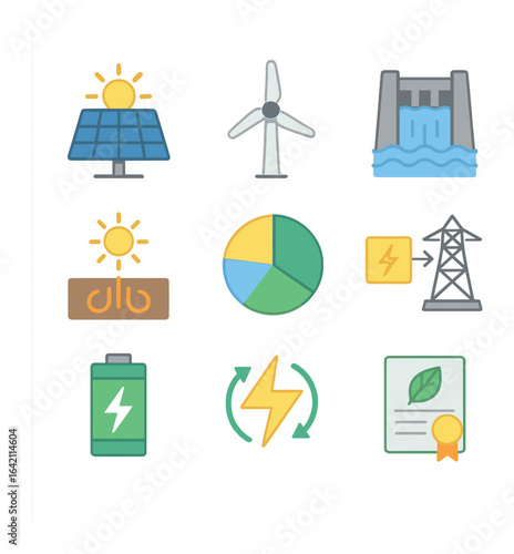 Renewable Energy Icons. Flat icon set of renewable energy data: solar panel, wind turbine, hydro power,