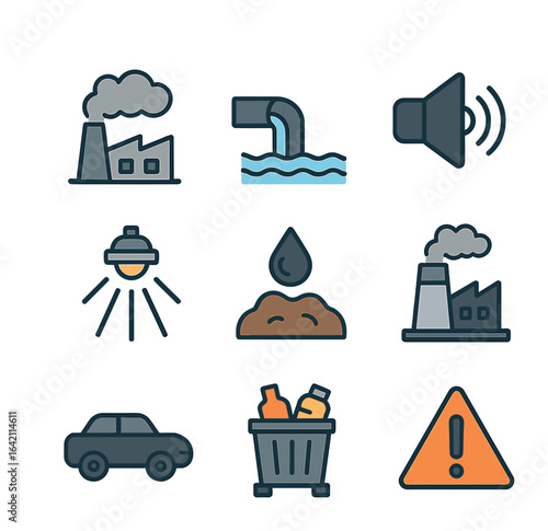 Environmental Pollution Icons. Flat icon set of pollution data: air emission, water discharge, noise level,