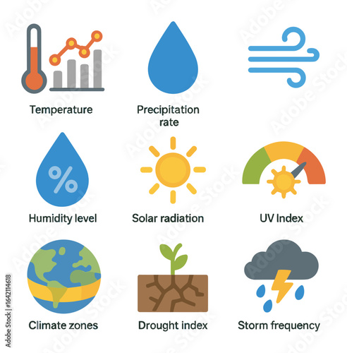 Climate Icon Set. Flat icon set of climate data: temperature graph, precipitation rate, wind speed, humidity