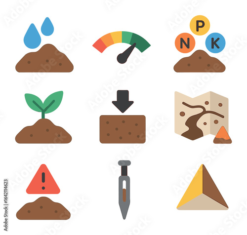 Soil Quality Icons. Flat icon set of soil quality indicators: soil moisture, pH scale, nutrient content,