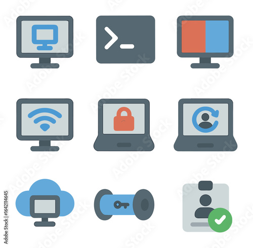 Remote Access Icon Set. Flat icon set of remote access systems: RDP icon, SSH terminal, VNC viewer, desktop