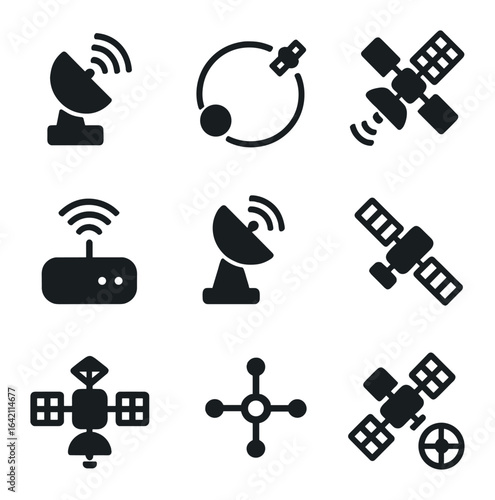 Satellite Network Icons. Flat icon set of satellite networks: ground station, orbit pattern, geostationary