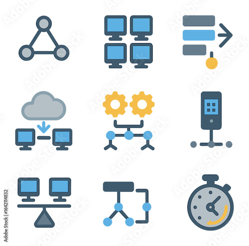 Distributed Computing Icons. Flat icon set of distributed computing: node network, compute grid, task