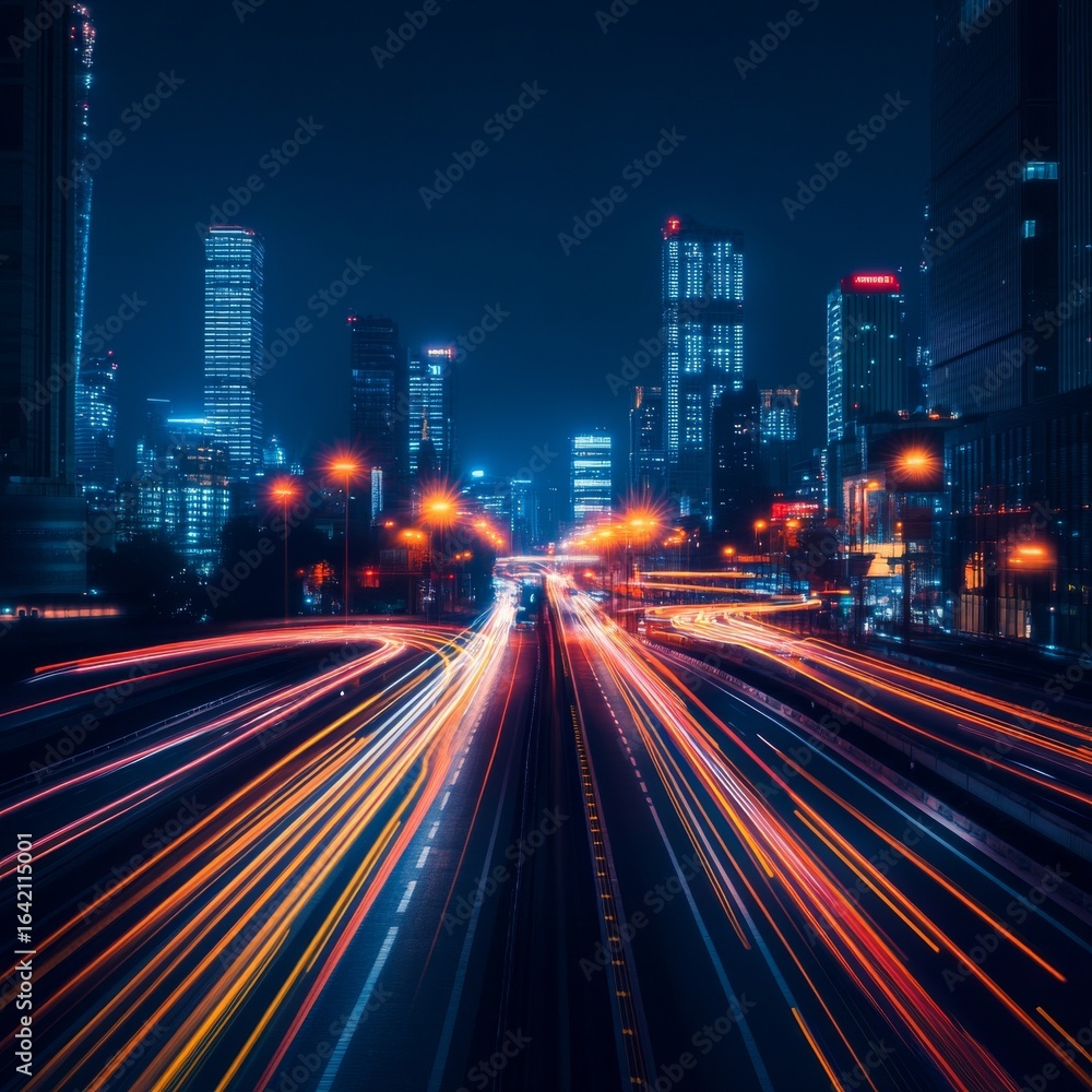 Fototapeta premium Night Cityscape Long Exposure Car Light Trails Between Urban Buildings, traffic, urban