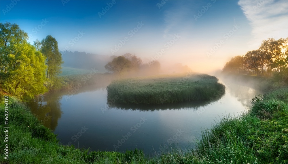 Obraz premium a tranquil river disappearing into the mist creating a surreal and peaceful scene