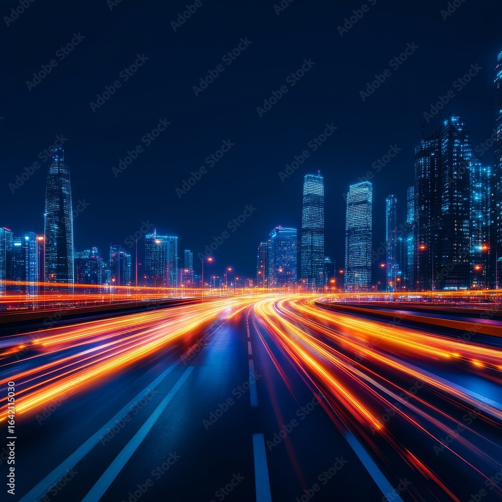 Fototapeta premium Night Cityscape Speeding Lights and Towers, urban, motion
