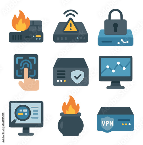 Network Security Icons. Flat icon set of network security devices: hardware firewall, intrusion detector,