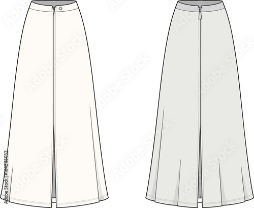 CAD, drawing, flat, vector, long, skirt, front, back, zipper, fashion, design, illustration