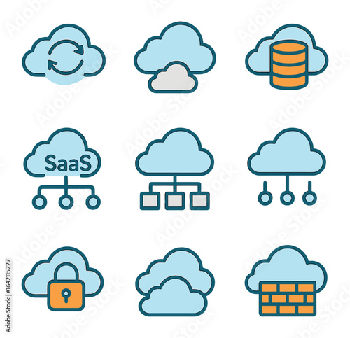 Cloud Network Icons. Flat icon set of cloud computing networks: cloud sync, hybrid cloud, cloud database, SaaS