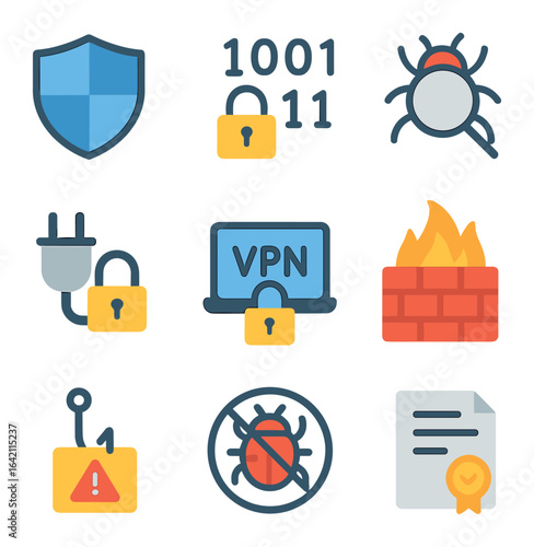 Cybersecurity Icon Set. Flat icon set of cybersecurity network: shield icon, encryption, virus detection,