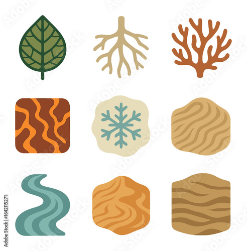 Nature Icons Grid. Flat icon set of nature-inspired map art: leaf vein map, root diagram, coral layout, lava