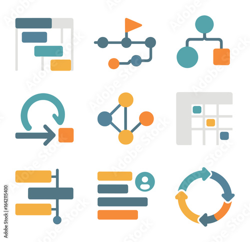 Project Management Icons. Flat icon set of project diagrams: Gantt chart, milestone tracker, task flow, sprint