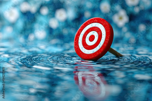 Red target resting on rippled water surface.