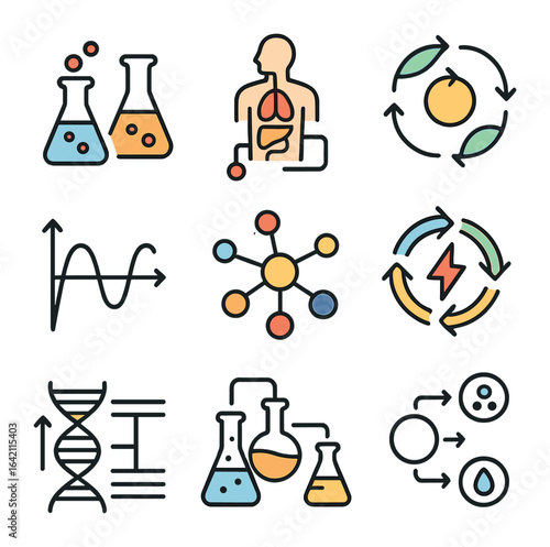 Scientific Diagram Icons. Flat icon set of scientific diagrams: chemical reaction chart, anatomy flow, biology