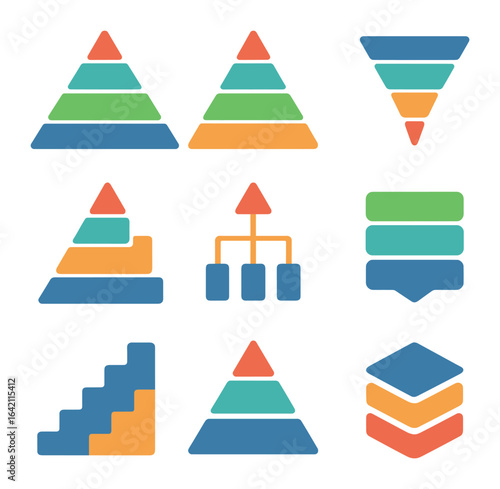Pyramid Diagrams Icon Set. Flat icon set of pyramid diagrams: marketing pyramid, needs hierarchy, sales funnel
