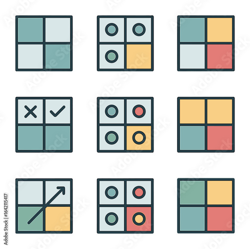 Matrix Chart Icons. Flat icon set of matrix charts: 2x2 matrix, decision matrix, BCG matrix, SWOT grid, impact