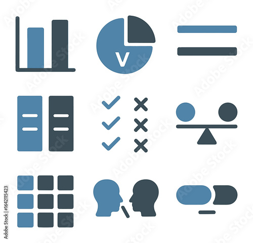 Comparison Chart Icons. Flat icon set of comparison charts: dual bar chart, vs pie chart, parallel lines, side
