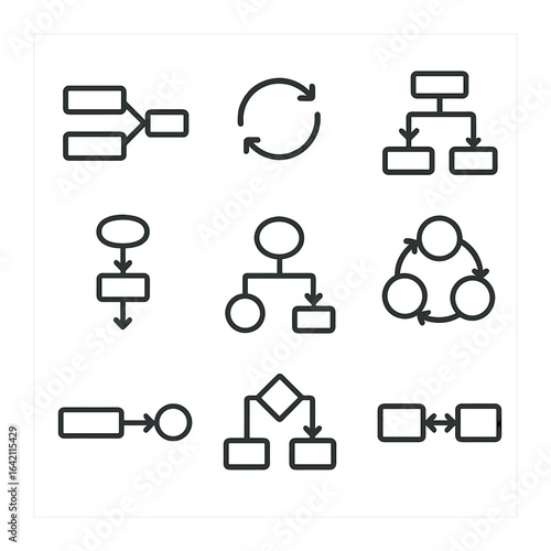 Modern Flow Diagram Icons. Flat icon set of flow diagrams: sequential flow, feedback loop, branching flow,