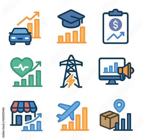 Industry Benchmarks Icons. Flat icon set of industry benchmarks: automotive stats, education trends, fintech