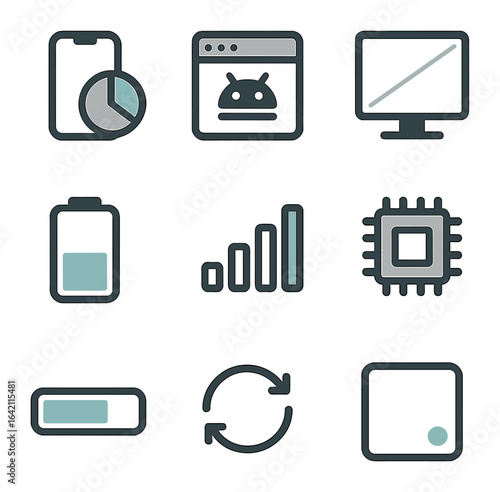 Tech Product Icons. Flat icon set of tech product stats: device usage, OS version, screen resolution, battery