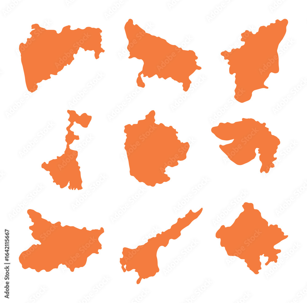 Fototapeta premium Indian State Maps Grid. Flat icon set of Indian state maps: Maharashtra, Uttar Pradesh, Tamil Nadu, West