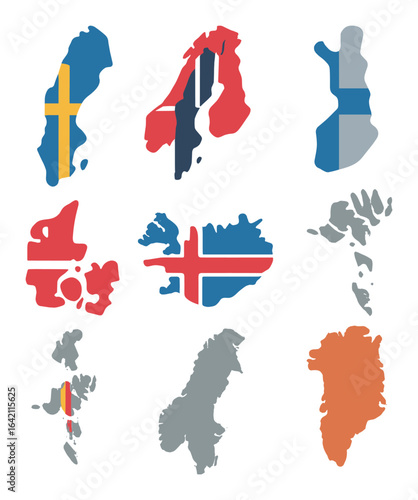 Nordic Country Icons. Flat icon set of Nordic countries: Sweden, Norway, Finland, Denmark, Iceland, Faroe