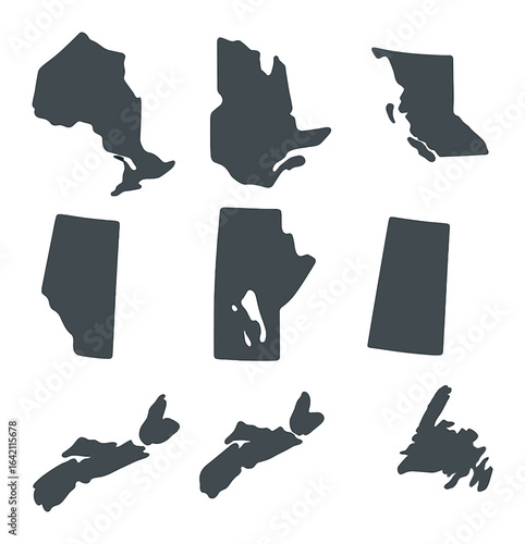 Canadian Province Map Icons. Flat icon set of Canadian province maps: Ontario, Quebec, British Columbia,