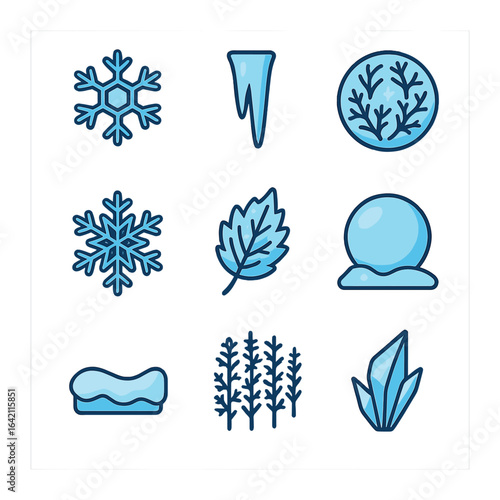 Winter Icon Collection. Flat icon set of snow and ice: snowflake, icicle, frost pattern, snow crystal, frozen
