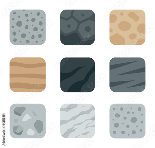 Rock Texture Icons. Flat icon set of rock textures: granite, basalt, limestone, sandstone, obsidian, slate,