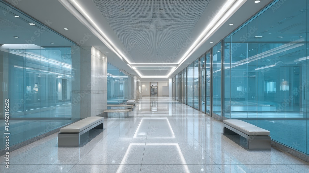 Obraz premium Modern Office Building Interior with Glass Walls and Bright Lighting, Featuring Sleek Design and Architecture