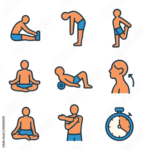 Stretching Routine Icons. Flat icon set of stretching routine: hamstring stretch, toe touch, quad pull, yoga