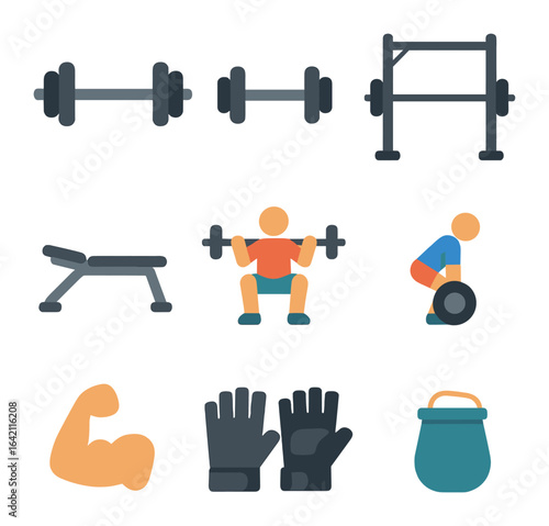 Strength Training Icons. Flat icon set of strength training: barbell, dumbbell, power rack, weight bench,