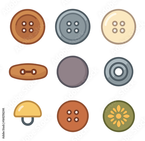 Fashion Button Icons. Flat icon set of fashion buttons: wood button, metal button, pearl button, toggle,