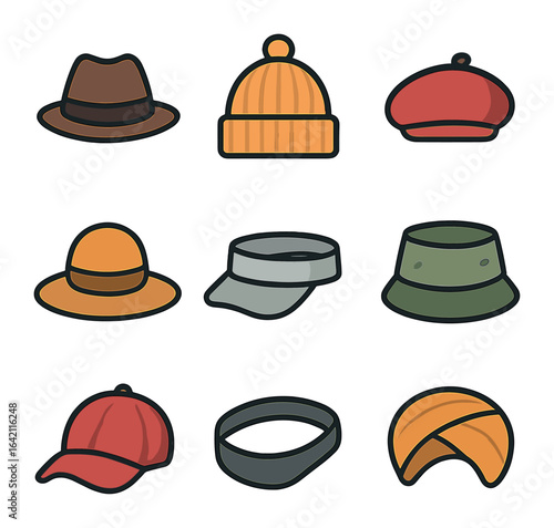 Headwear Icons Grid. Flat icon set of headwear: fedora, beanie, beret, wide-brim hat, visor, bucket hat, cap,