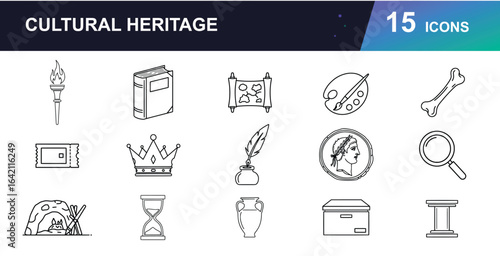 Cultural Heritage & Museum Vector Icons. Featuring ancient artifact, art exhibit, historical monument, archaeological dig, gallery display, ancient coin, sculpture, painting