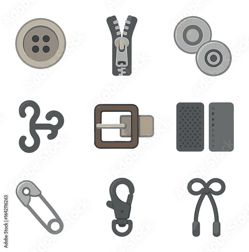 Fashion Fasteners Icons. Flat icon set of fashion fasteners: button, zipper, snap, hook and eye, belt buckle,