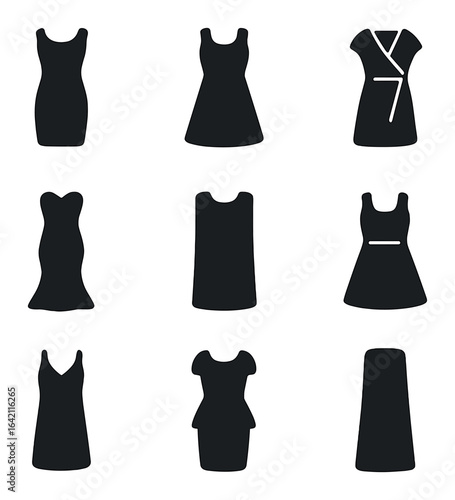 Dress Silhouette Icons. Flat icon set of dress silhouettes: sheath, A-line, wrap, mermaid, shift, fit and