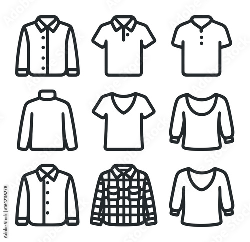 Shirt Style Icons. Flat icon set of shirt styles: button-down, polo, henley, turtleneck, V-neck, scoop neck,