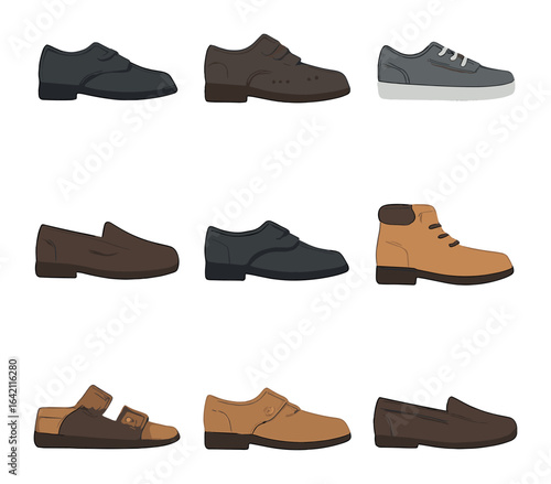 Men's Shoe Icons. Flat icon set of men’s shoes: dress shoes, brogues, sneakers, loafers, oxfords, boots,