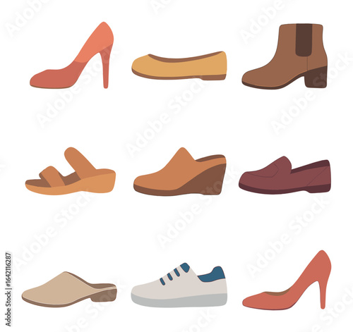 Women's Shoes Icon Set. Flat icon set of women’s shoes: high heels, ballet flats, ankle boots, sandals, wedges