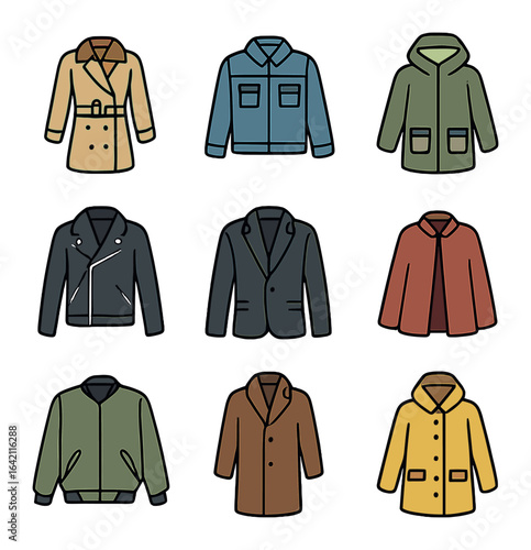 Outerwear Icon Grid. Flat icon set of outerwear pieces: trench coat, denim jacket, parka, leather jacket,