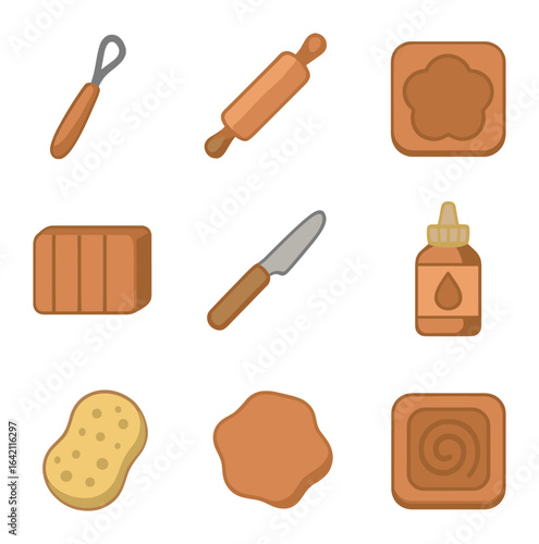 Clay Modeling Tools. Flat icon set of clay modeling: sculpting tool, rolling pin, mold, polymer block, knife,
