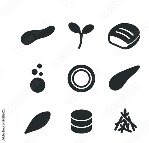 Gourmet Plating Icons. Flat icon set of gourmet plating: sauce swoosh, micro herb, protein slice, foam dot,