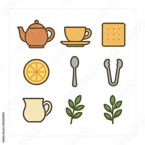 Tea Time Essentials. Flat icon set of tea time styling: teapot, teacup, saucer, biscuit, lemon slice, teaspoon