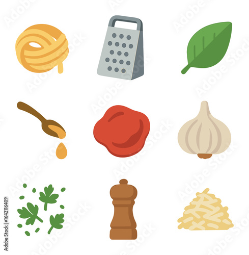 Pasta Ingredients Icons. Flat icon set of pasta plating: pasta twirl, parmesan grate, basil leaf, olive oil
