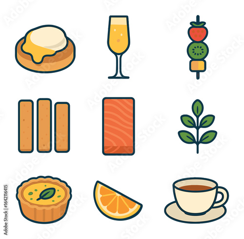 Brunch Icon Set. Flat icon set of brunch styling: egg benedict, mimosa glass, fruit skewer, toast soldiers,
