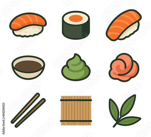Sushi Icon Set. Flat icon set of sushi plating: nigiri, maki roll, sashimi slice, soy dish, wasabi blob,