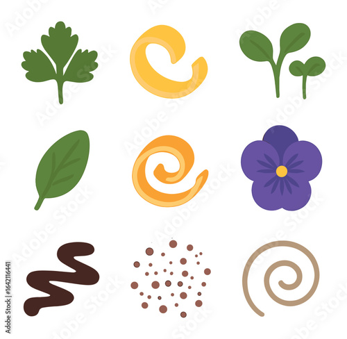 Plating Garnishes Icons. Flat icon set of plating garnishes: parsley sprig, lemon twist, microgreens, edible
