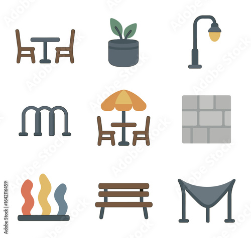 Pedestrian Zone Icons. Flat icon set of pedestrian zones: outdoor seating, planter bollard, streetlight, cycle